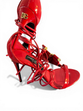 Load image into Gallery viewer, Dolce & Gabbana Red Patent Lace-Up Heels DG Logo Stiletto Sandals CR1431
