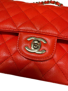 Chanel Classic Double Flap Caviar Leather Silver Hardware in Red.