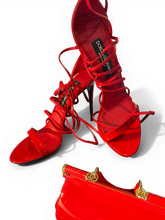 Load image into Gallery viewer, Dolce &amp; Gabbana Red Patent Lace-Up Heels DG Logo Stiletto Sandals CR1431
