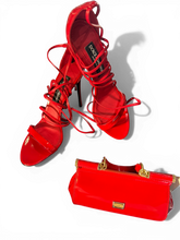 Load image into Gallery viewer, Dolce &amp; Gabbana Red Patent Lace-Up Heels DG Logo Stiletto Sandals CR1431

