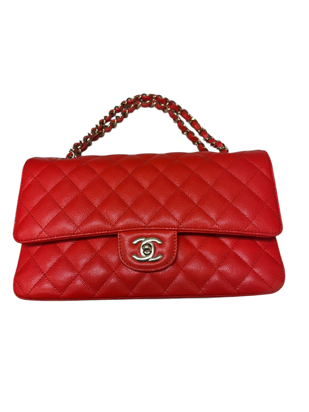 Chanel Classic Double Flap Caviar Leather Silver Hardware in Red.